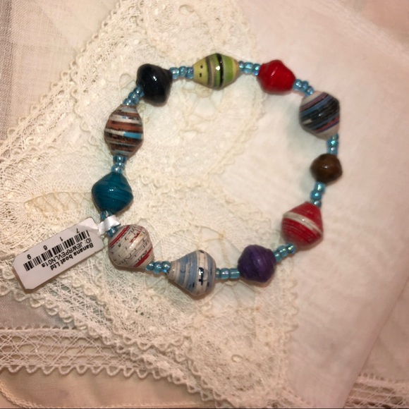 Colorful Paper Mache Bead Bracelet Banana Boat Recycled Stretch Bangle Vtg NWT - Picture 4 of 13
